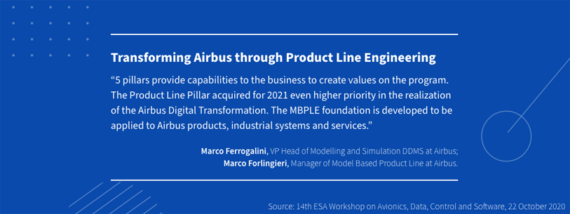 5 pillars provide capabilities to the business to create values on the program. The Product Line Pillar acquired for 2021 even higher priority in the realization of the Airbus Digital Transformation. The MBPLE foundation is developed to be applied to Airbus products, industrial systems and services.  Marco Ferrogalini, VP Head of Modelling and Simulation DDMS at Airbus; Marco Forlingieri, Manager of Model Based Product Line at Airbus. Source: 14th ESA Workshop on Avionics, Data, Control and Software, 22 October 2020